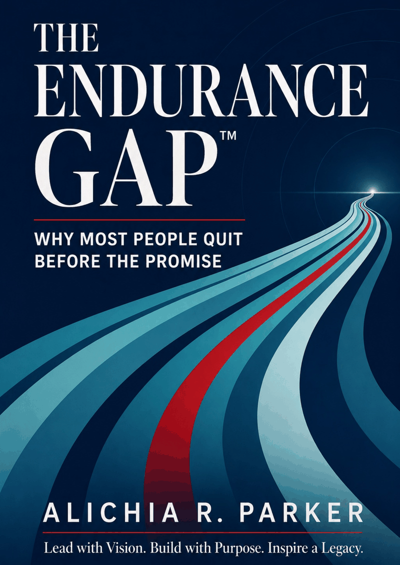 The Endurance Gap™ book cover — navy background with converging aqua and red paths leading toward the light